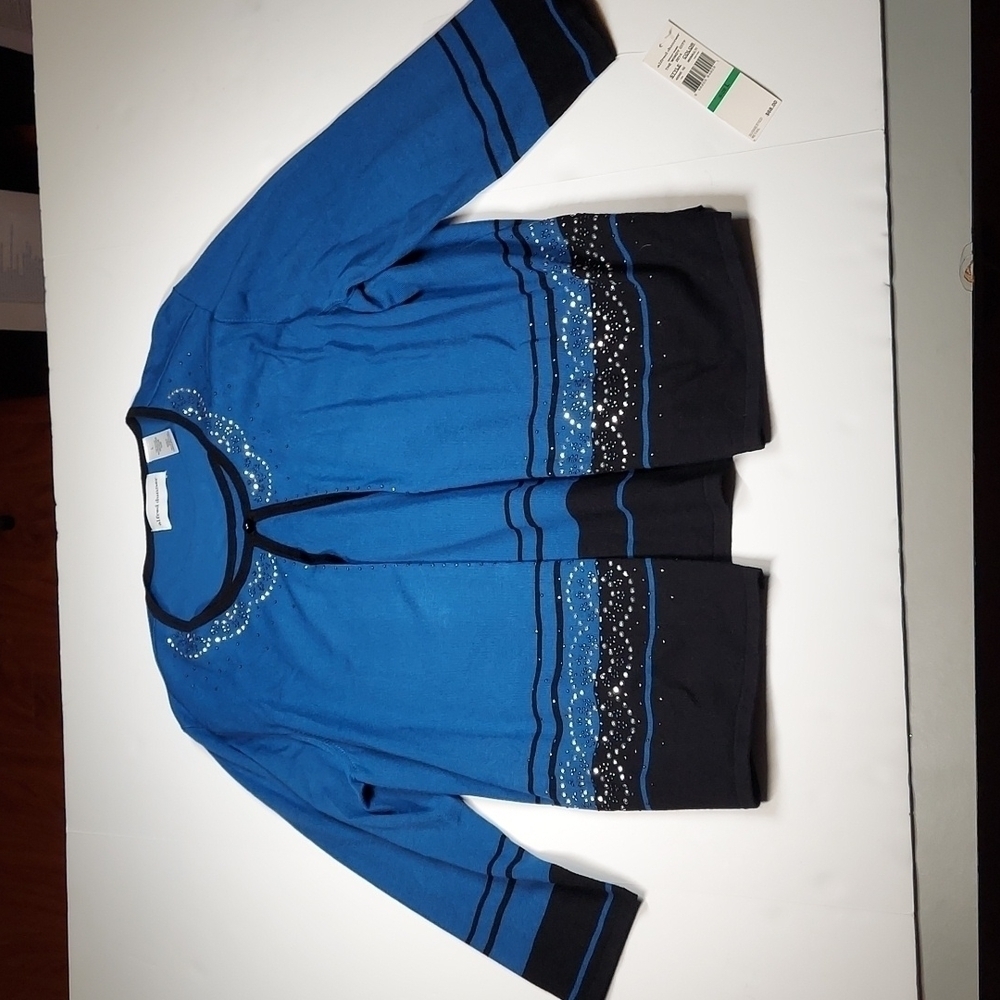 Alfred Dunner Petite Cardigan Size Large Attached Shell Embellished Blue/Black